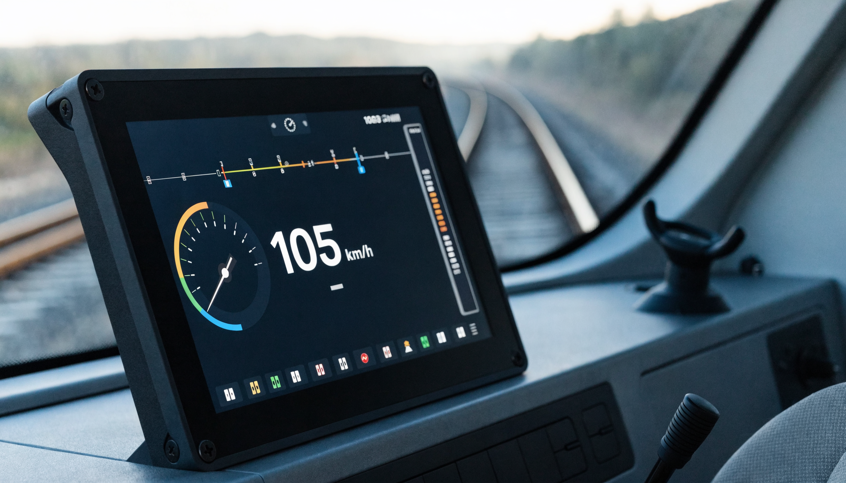 Rugged TFT display module mounted in a train driver's cab, showing a speed and route dashboard